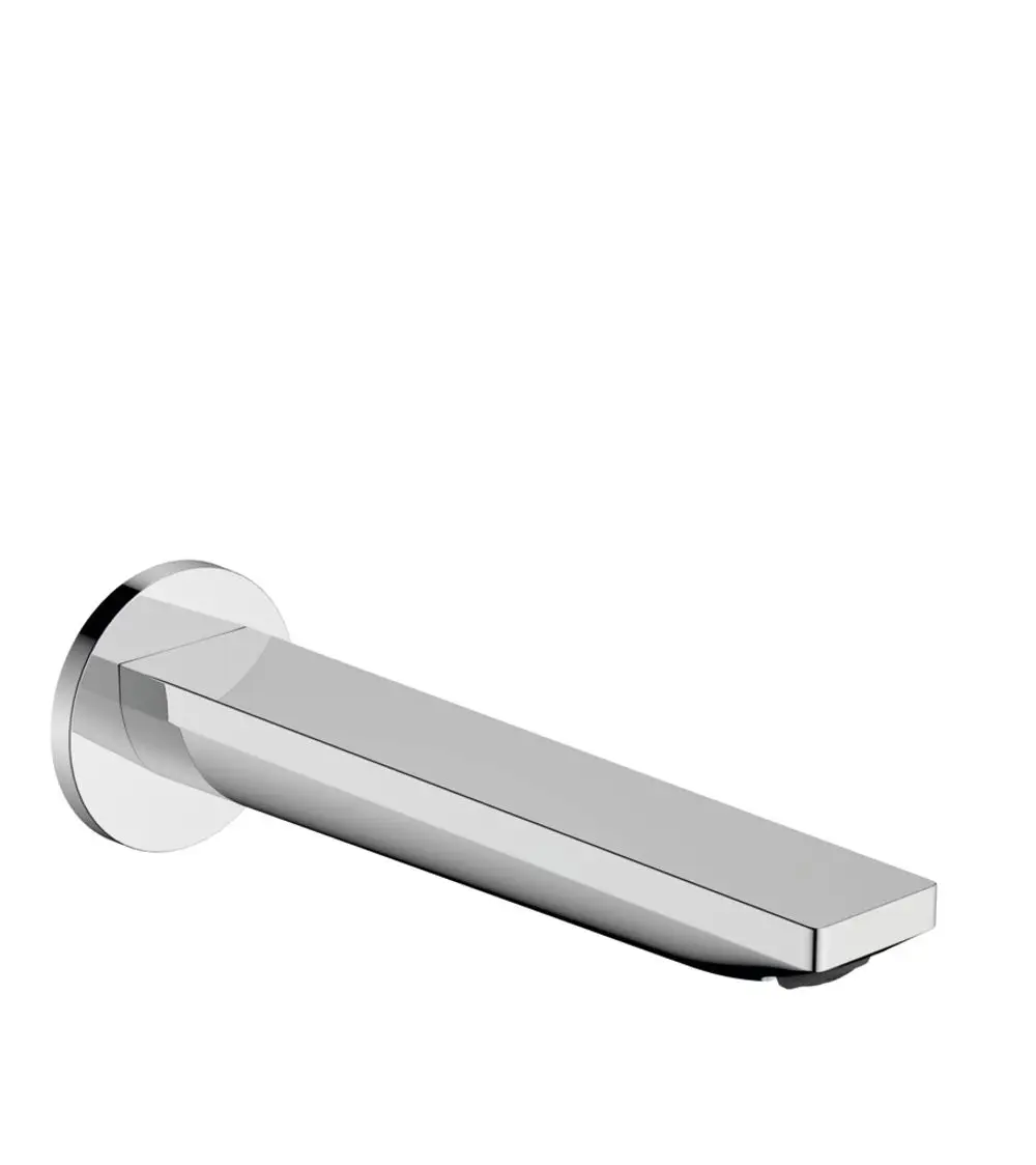 Chromfarbener Wanneneinlauf von Hansgrohe mit flachem, rechteckigem Auslauf und runder Wandmontage.